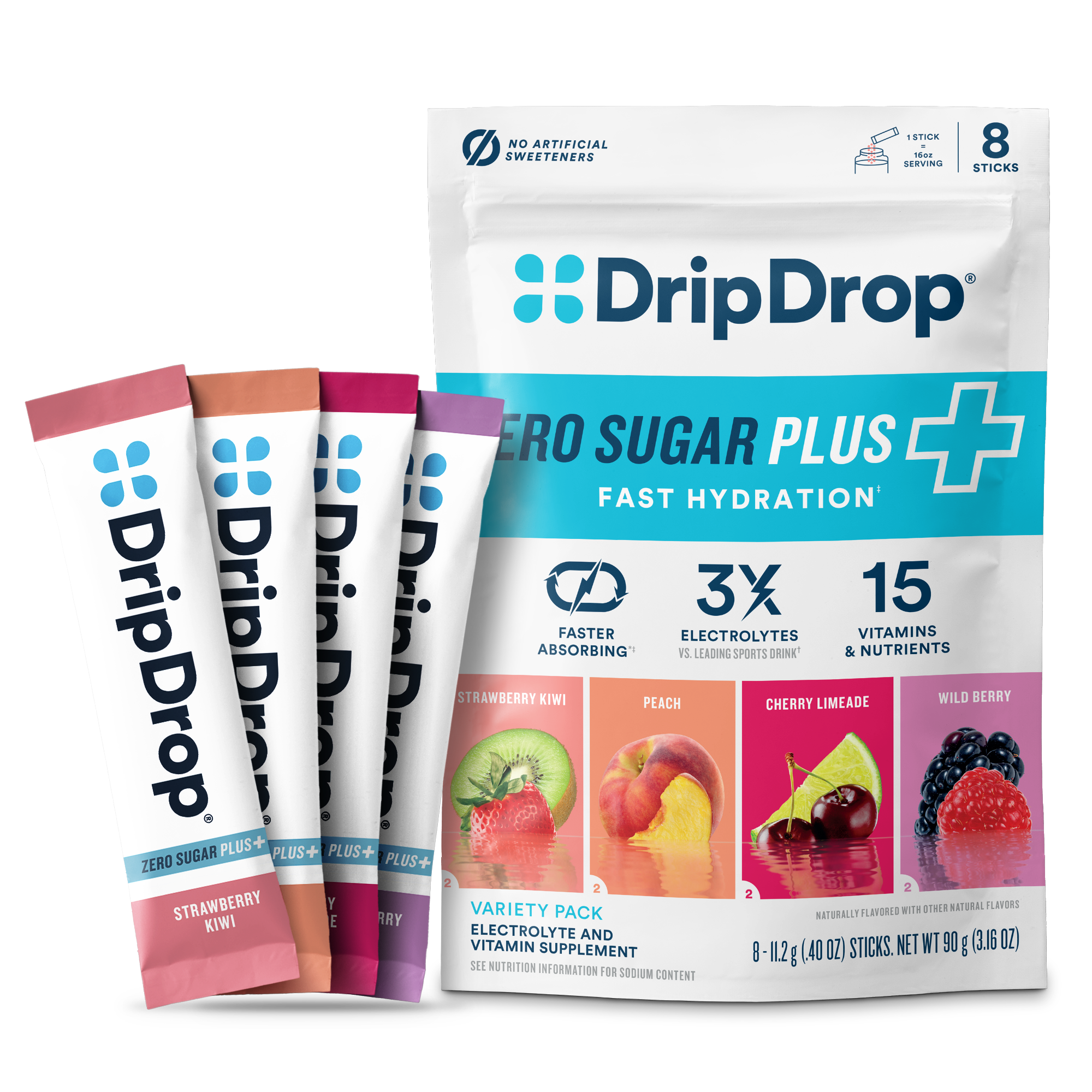 DripDrop Zero Sugar Plus, Strawberry Kiwi, Peach, Cherry Limeade, Wild