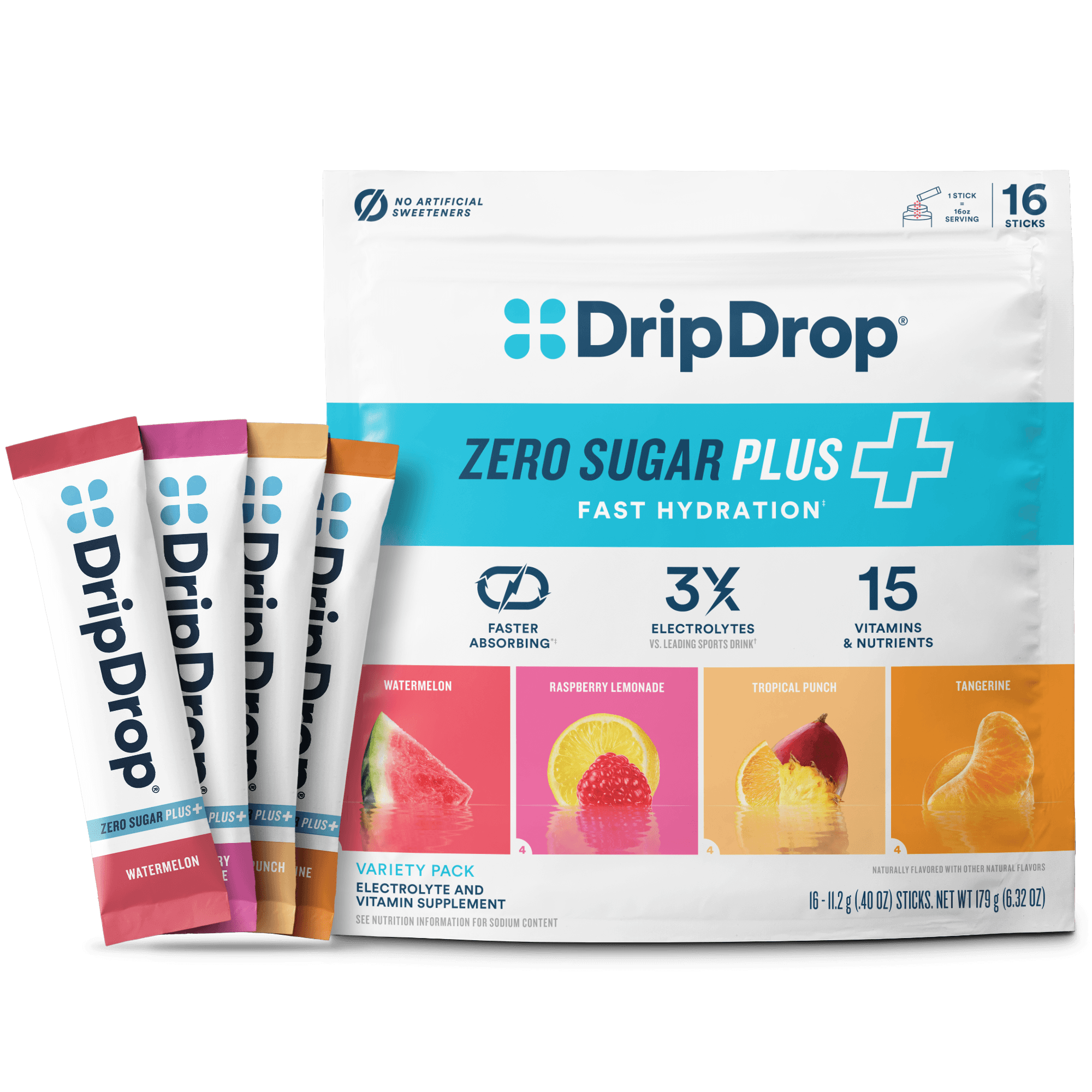DripDrop Zero Sugar Plus ZSP-1 Variety Pack, Watermelon, Tangerine, Tropical Punch, Raspberry Lemonade, 16 oz sticks, 16 count
