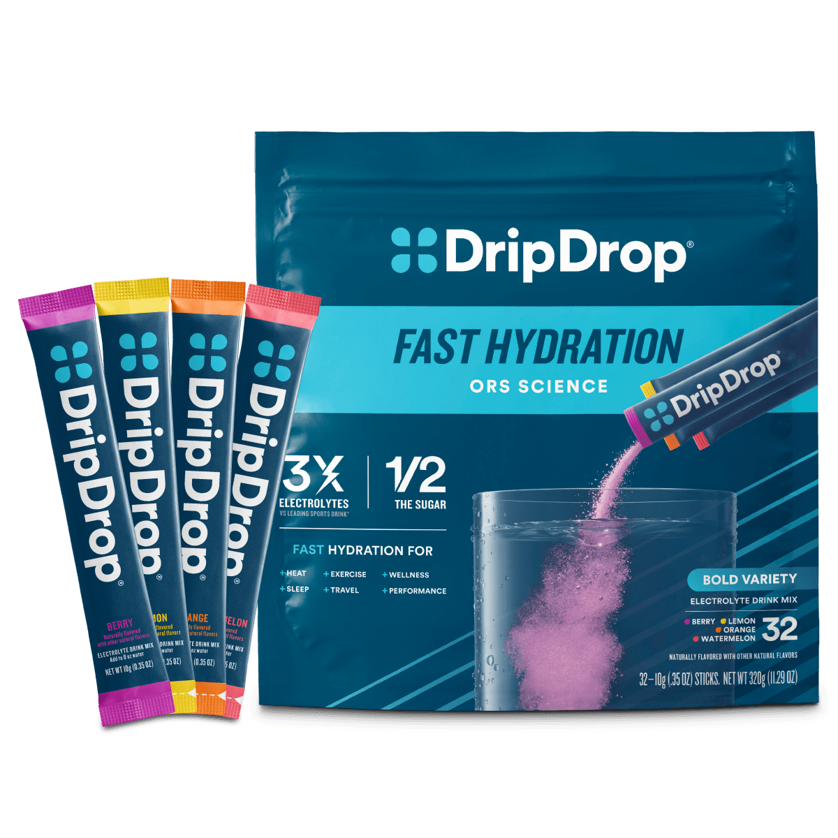 DripDrop Bold Variety Pack Electrolyte Powder, 8 oz sticks, 32 count