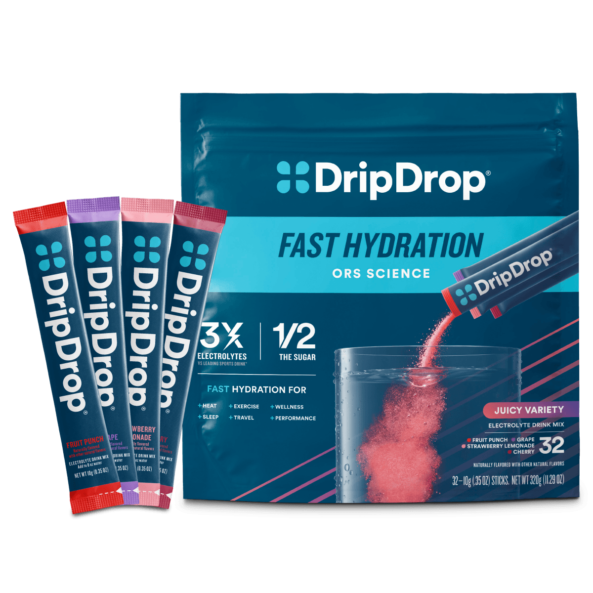 DripDrop Juicy Variety Pack Electrolyte Powder, 8 oz sticks, 32 count