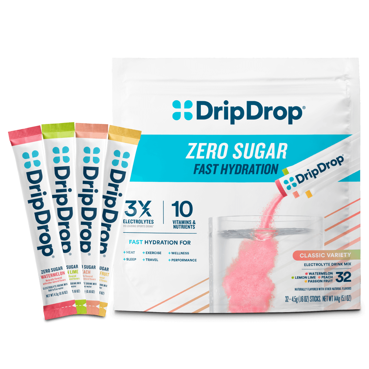 DripDrop Zero Sugar Classic Variety Pack Electrolyte Powder, 8 oz sticks, 32 count