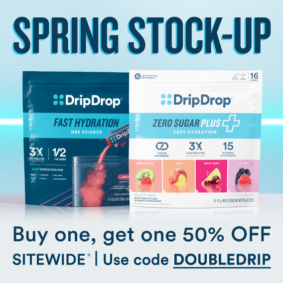 DripDrop product packaging with promotional text stating Buy One Get One 50% OFF sitewide* Use code DOUBLEDRIP