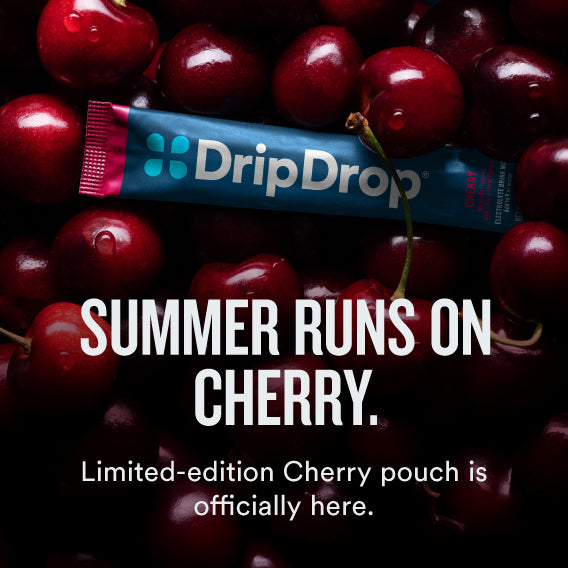 DripDrop product on cherries with promotional text about a limited-edition cherry pouch.