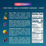 Nutrition facts label for Juicy Variety on a blue background.