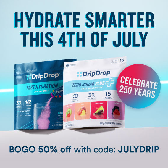 Promotional graphic for DripDrop hydration products with two stand-up pouches shown against a light blue gradient background. Large text reads 'HYDRATE SMARTER THIS 4TH OF JULY' and 'BOGO 50% off with code: JULYDRIP.