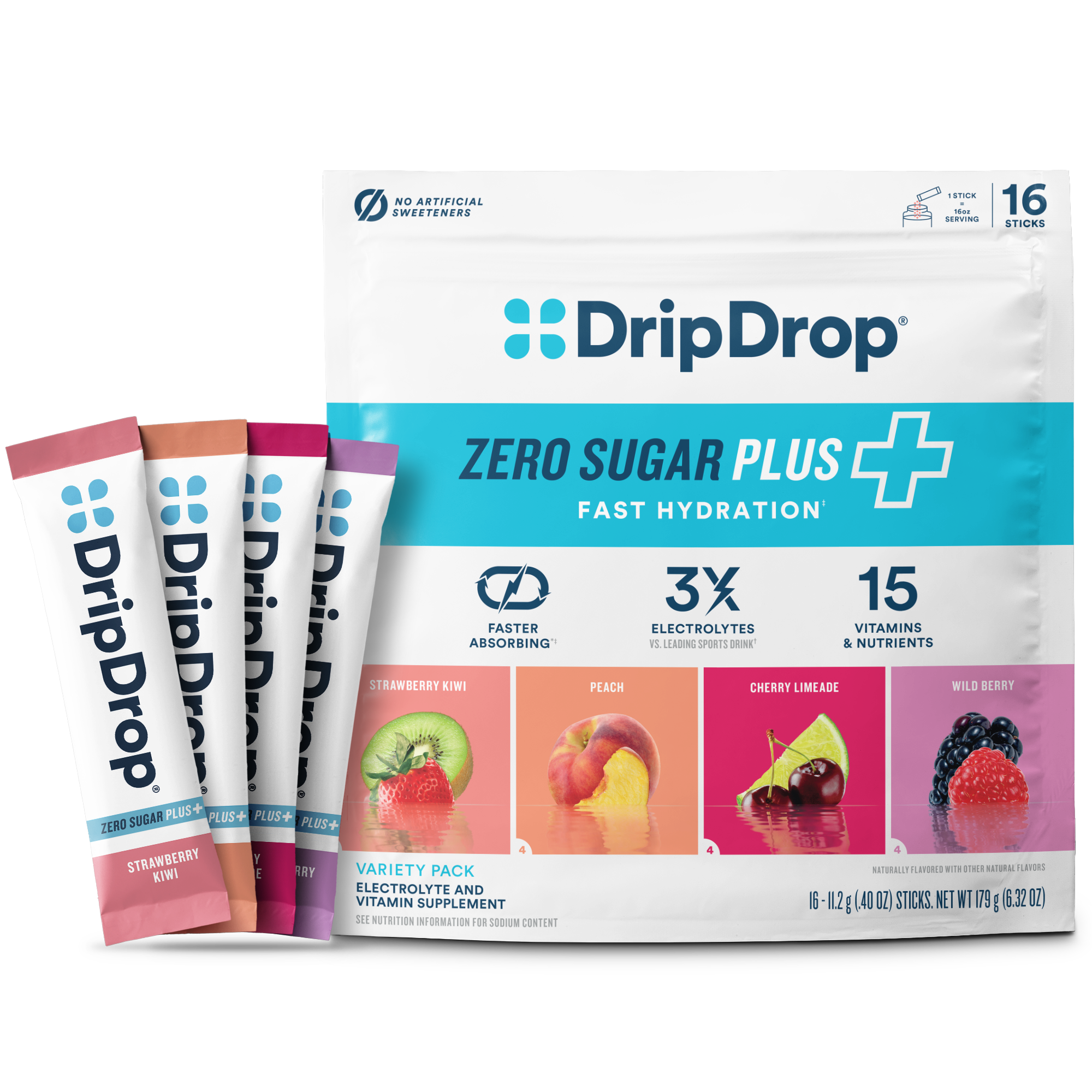 DripDrop Zero Sugar Plus fast hydration packets on a white background
