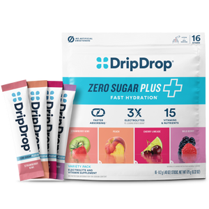 DripDrop Zero Sugar Plus fast hydration packets on a white background