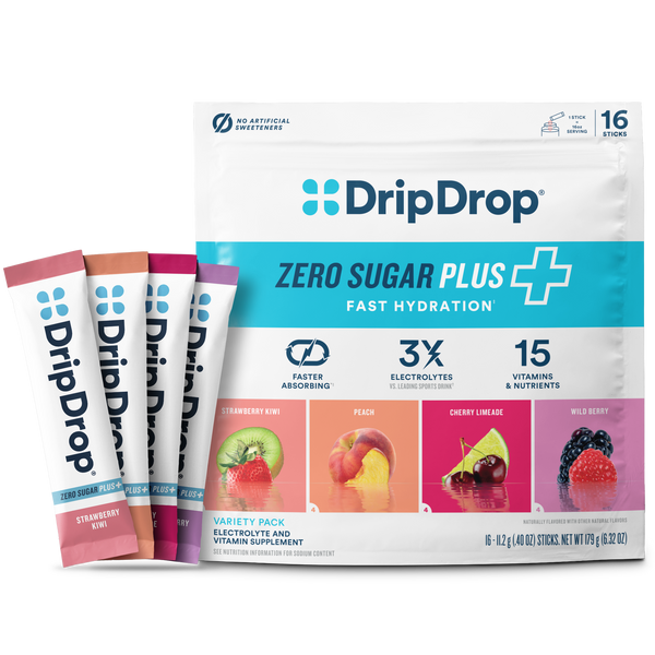 DripDrop Zero Sugar Plus fast hydration packets on a white background