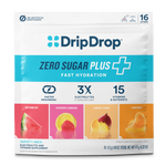 DripDrop Zero Sugar Plus Fast Hydration variety pack pouch, featuring watermelon, raspberry lemonade, tropical punch, and tangerine flavors. The white and blue packaging displays product details, including '16 Sticks' and 'No Artificial Sweeteners'.