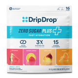 DripDrop Zero Sugar Plus Fast Hydration variety pack pouch, featuring watermelon, raspberry lemonade, tropical punch, and tangerine flavors. The white and blue packaging displays product details, including '16 Sticks' and 'No Artificial Sweeteners'.