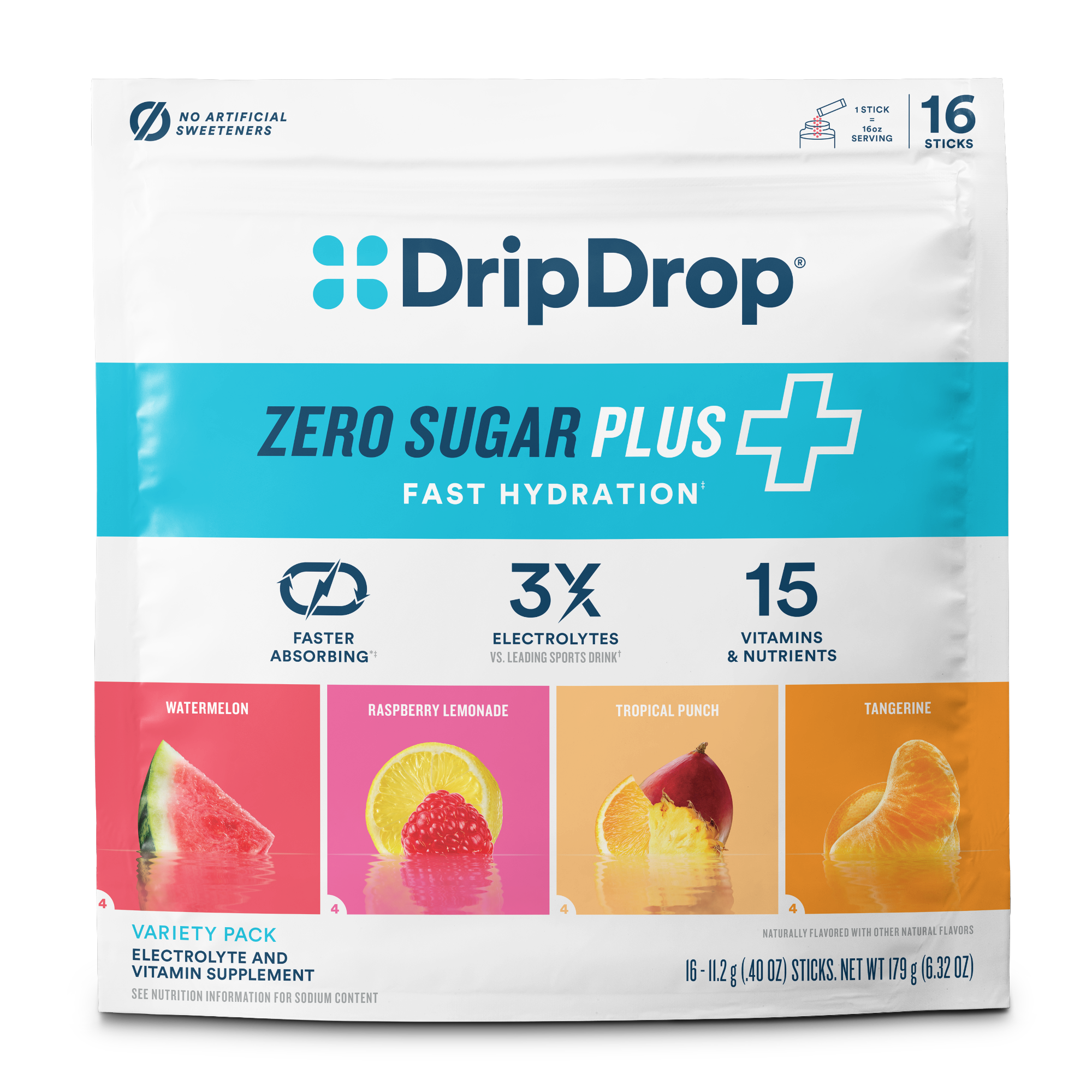 DripDrop Zero Sugar Plus Fast Hydration variety pack pouch, featuring watermelon, raspberry lemonade, tropical punch, and tangerine flavors. The white and blue packaging displays product details, including '16 Sticks' and 'No Artificial Sweeteners'.