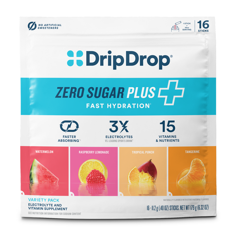 DripDrop Zero Sugar Plus Fast Hydration variety pack pouch, featuring watermelon, raspberry lemonade, tropical punch, and tangerine flavors. The white and blue packaging displays product details, including '16 Sticks' and 'No Artificial Sweeteners'.