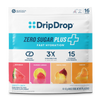 DripDrop Zero Sugar Plus Fast Hydration variety pack pouch, featuring watermelon, raspberry lemonade, tropical punch, and tangerine flavors. The white and blue packaging displays product details, including '16 Sticks' and 'No Artificial Sweeteners'.