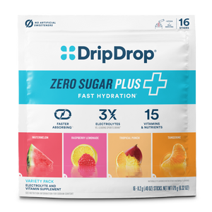 DripDrop Zero Sugar Plus Fast Hydration variety pack pouch, featuring watermelon, raspberry lemonade, tropical punch, and tangerine flavors. The white and blue packaging displays product details, including '16 Sticks' and 'No Artificial Sweeteners'.