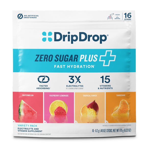 DripDrop Zero Sugar Plus Fast Hydration variety pack pouch, featuring watermelon, raspberry lemonade, tropical punch, and tangerine flavors. The white and blue packaging displays product details, including '16 Sticks' and 'No Artificial Sweeteners'.
