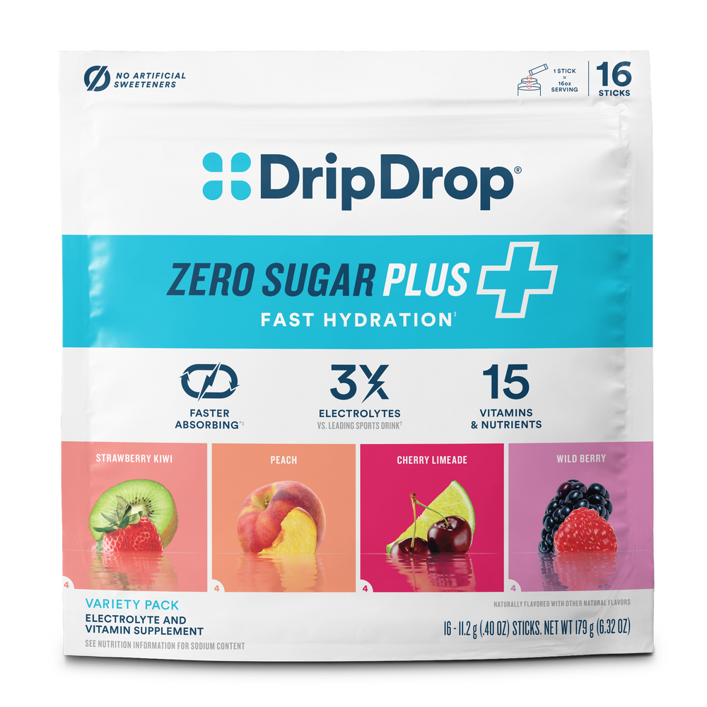 DripDrop Zero Sugar Plus electrolyte and vitamin supplement variety pack in a 16-stick pouch. The packaging features a white background with a bright blue band and four colorful fruit flavor panels at the bottom: Strawberry Kiwi, Peach, Cherry Limeade, and Wild Berry.