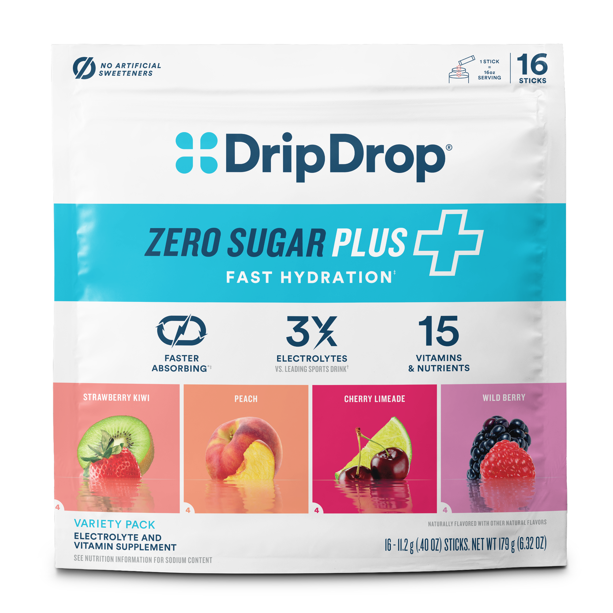DripDrop Zero Sugar Plus electrolyte and vitamin supplement variety pack in a 16-stick pouch. The packaging features a white background with a bright blue band and four colorful fruit flavor panels at the bottom: Strawberry Kiwi, Peach, Cherry Limeade, and Wild Berry.