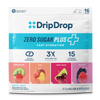 DripDrop Zero Sugar Plus electrolyte and vitamin supplement variety pack in a 16-stick pouch. The packaging features a white background with a bright blue band and four colorful fruit flavor panels at the bottom: Strawberry Kiwi, Peach, Cherry Limeade, and Wild Berry.