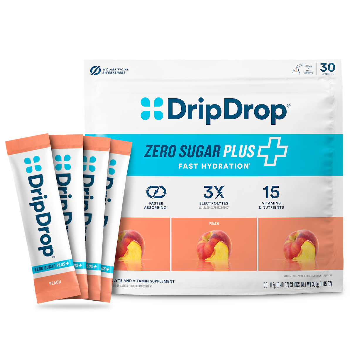 DripDrop Zero Sugar Plus, Peach, 16 oz sticks, 30 count