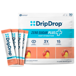 A package of DripDrop Zero Sugar Plus fast hydration drink mix in peach flavor, shown with four individual sachets in front on a white background.