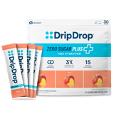 A package of DripDrop Zero Sugar Plus fast hydration drink mix in peach flavor, shown with four individual sachets in front on a white background.
