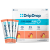 A package of DripDrop Zero Sugar Plus fast hydration drink mix in peach flavor, shown with four individual sachets in front on a white background.