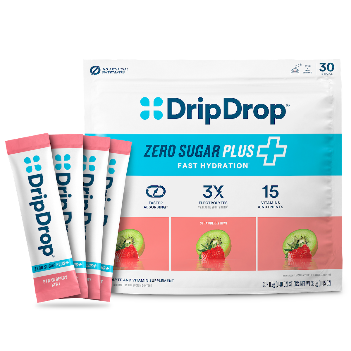 DripDrop Zero Sugar Plus, Strawberry Kiwi, 16 oz sticks, 30 count