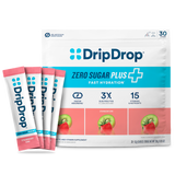 A package of DripDrop Zero Sugar Plus Strawberry Kiwi fast hydration drink mix with four individual stick packs fanned out in front on a white background.