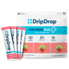 A package of DripDrop Zero Sugar Plus Strawberry Kiwi fast hydration drink mix with four individual stick packs fanned out in front on a white background.