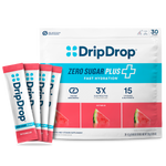 A package of DripDrop Zero Sugar Plus Watermelon flavor fast hydration drink mix with four single-serve packets displayed in front on a white background.