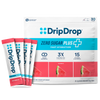 A package of DripDrop Zero Sugar Plus Watermelon flavor fast hydration drink mix with four single-serve packets displayed in front on a white background.