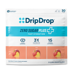 A package of DripDrop Zero Sugar Plus electrolyte and vitamin supplement, featuring a white and blue bag with three fruit flavor panels at the bottom.