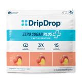 A package of DripDrop Zero Sugar Plus electrolyte and vitamin supplement, featuring a white and blue bag with three fruit flavor panels at the bottom.