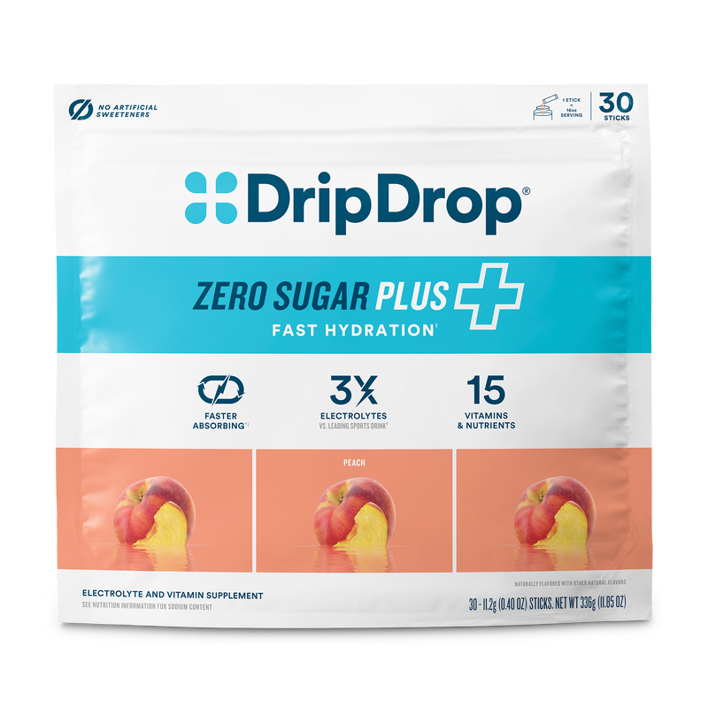 A package of DripDrop Zero Sugar Plus electrolyte and vitamin supplement, featuring a white and blue bag with three fruit flavor panels at the bottom.