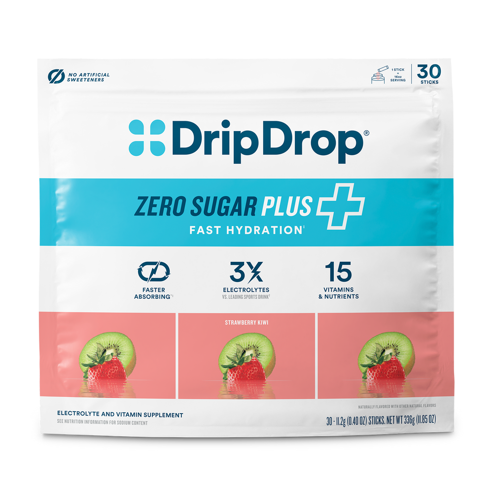 A package of DripDrop Zero Sugar Plus electrolyte and vitamin supplement, strawberry kiwi flavor. The white and blue bag features a prominent logo, product name, and three panels showing kiwi and strawberry slices at the bottom.