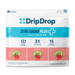 A package of DripDrop Zero Sugar Plus electrolyte and vitamin supplement, strawberry kiwi flavor. The white and blue bag features a prominent logo, product name, and three panels showing kiwi and strawberry slices at the bottom.