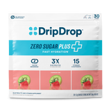A package of DripDrop Zero Sugar Plus electrolyte and vitamin supplement, strawberry kiwi flavor. The white and blue bag features a prominent logo, product name, and three panels showing kiwi and strawberry slices at the bottom.