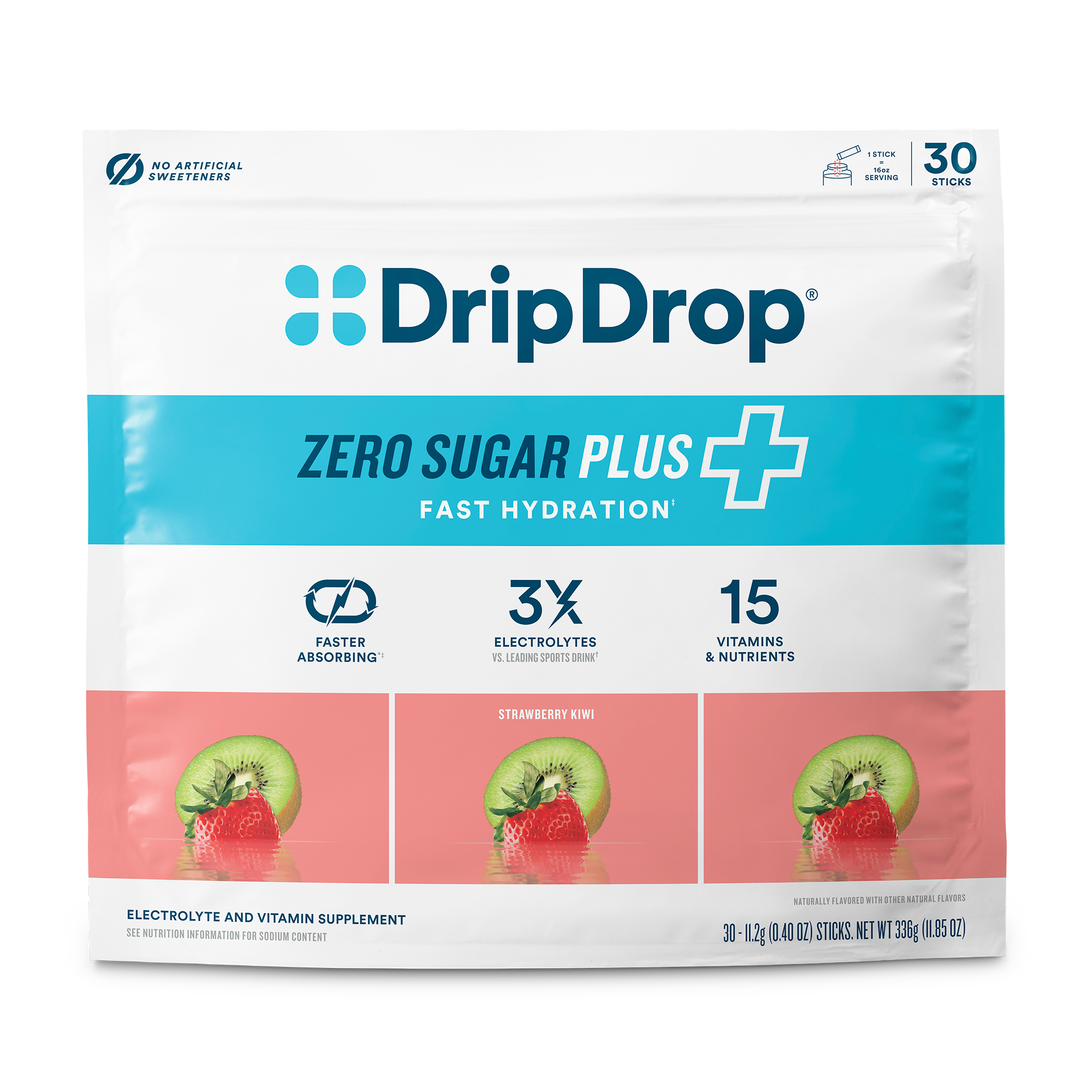 DripDrop Zero Sugar Plus, Strawberry Kiwi, 16 oz sticks, 30 count