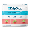 A package of DripDrop Zero Sugar Plus electrolyte and vitamin supplement, strawberry kiwi flavor. The white and blue bag features a prominent logo, product name, and three panels showing kiwi and strawberry slices at the bottom.