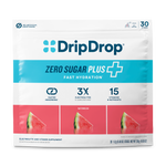 A package of DripDrop Zero Sugar Plus electrolyte and vitamin supplement, watermelon flavor, containing 30 sticks. The packaging is white with a bright blue brand logo and text, a turquoise band, and three watermelon slice graphics at the bottom.