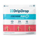 A package of DripDrop Zero Sugar Plus electrolyte and vitamin supplement, watermelon flavor, containing 30 sticks. The packaging is white with a bright blue brand logo and text, a turquoise band, and three watermelon slice graphics at the bottom.