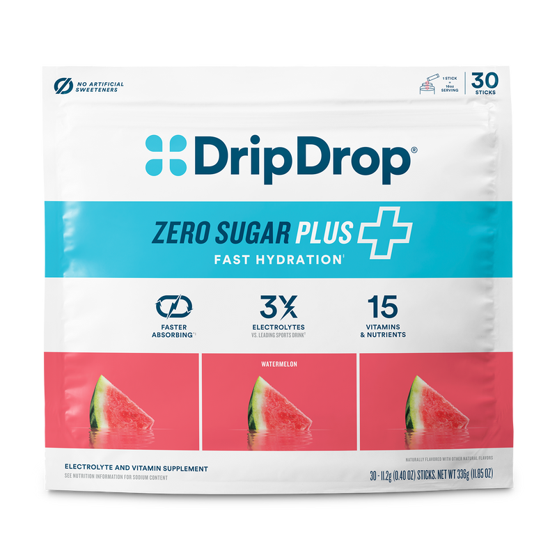 A package of DripDrop Zero Sugar Plus electrolyte and vitamin supplement, watermelon flavor, containing 30 sticks. The packaging is white with a bright blue brand logo and text, a turquoise band, and three watermelon slice graphics at the bottom.