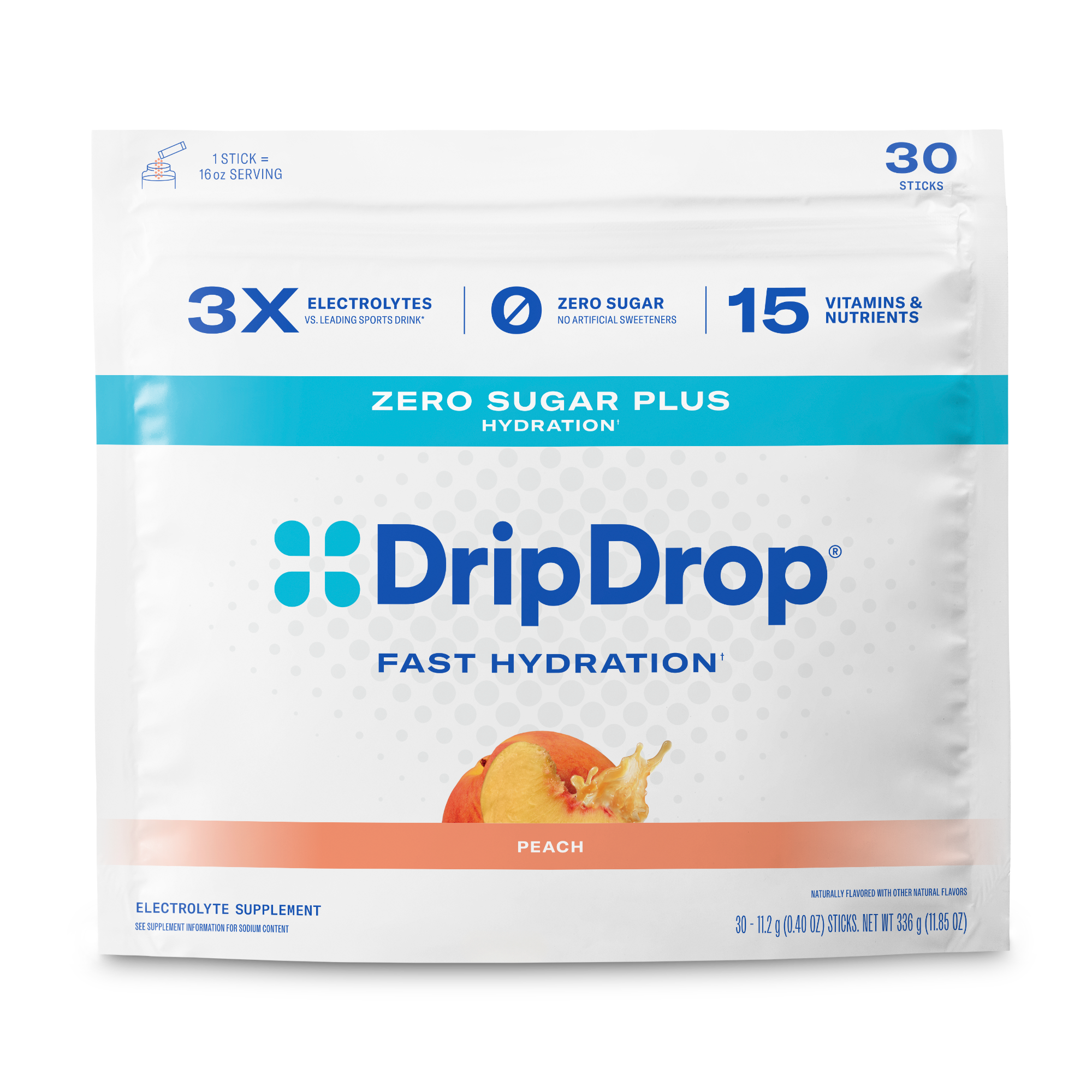 DripDrop Zero Sugar Plus Electrolyte Powder, Peach, 16 oz sticks, 30 Pack
