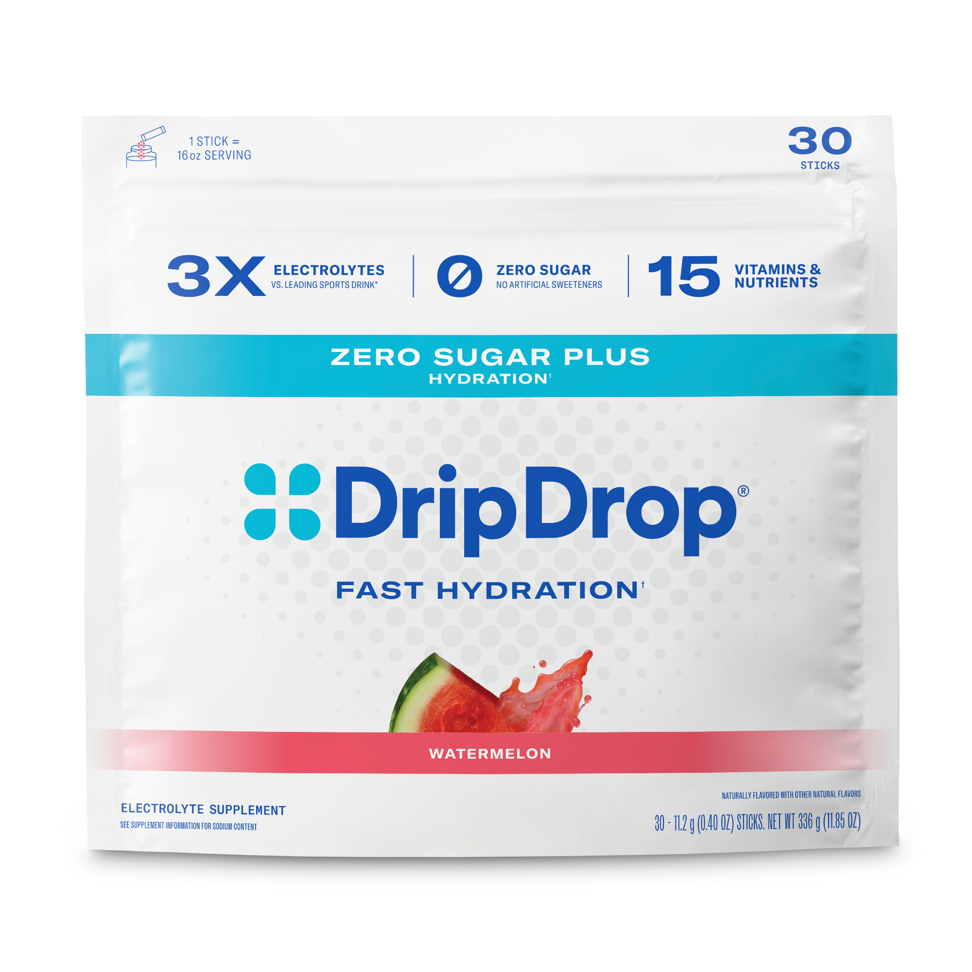 DripDrop Zero Sugar Plus Electrolyte Powder, Watermelon, 16 oz sticks, 30 Pack