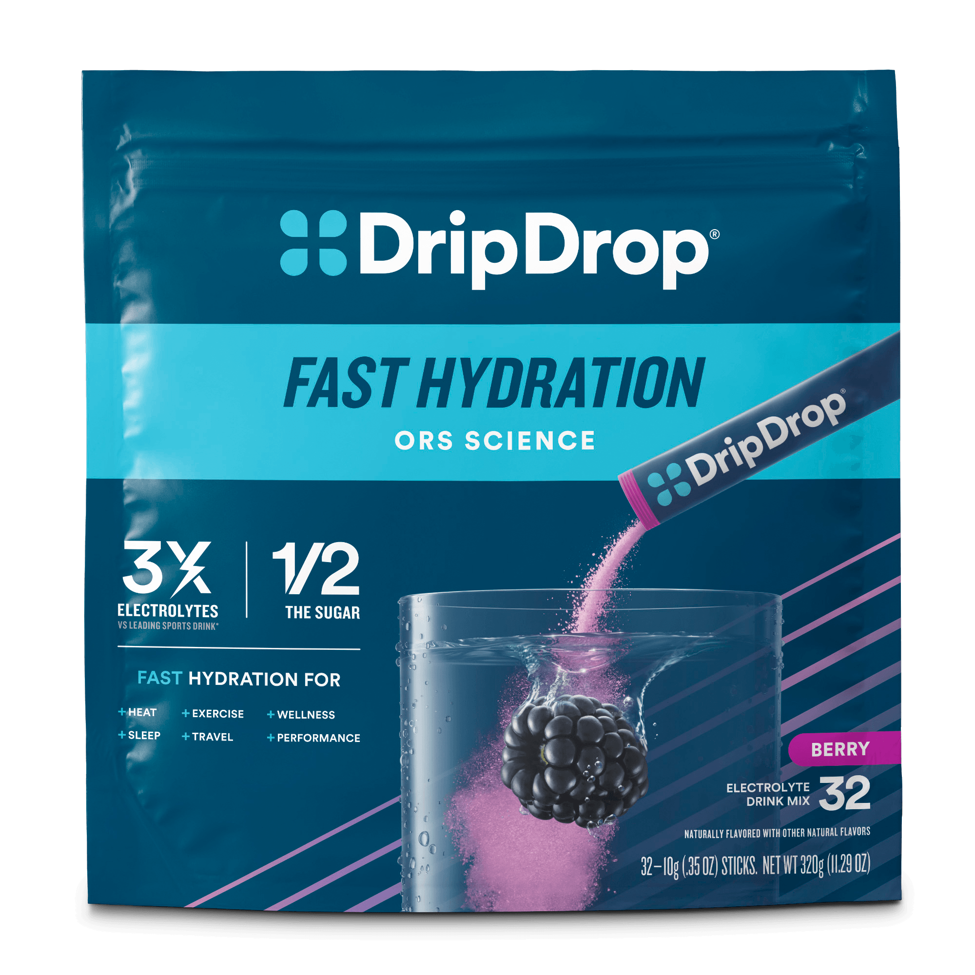 DripDrop Berry Electrolyte Powder, 8 oz sticks, 32 count