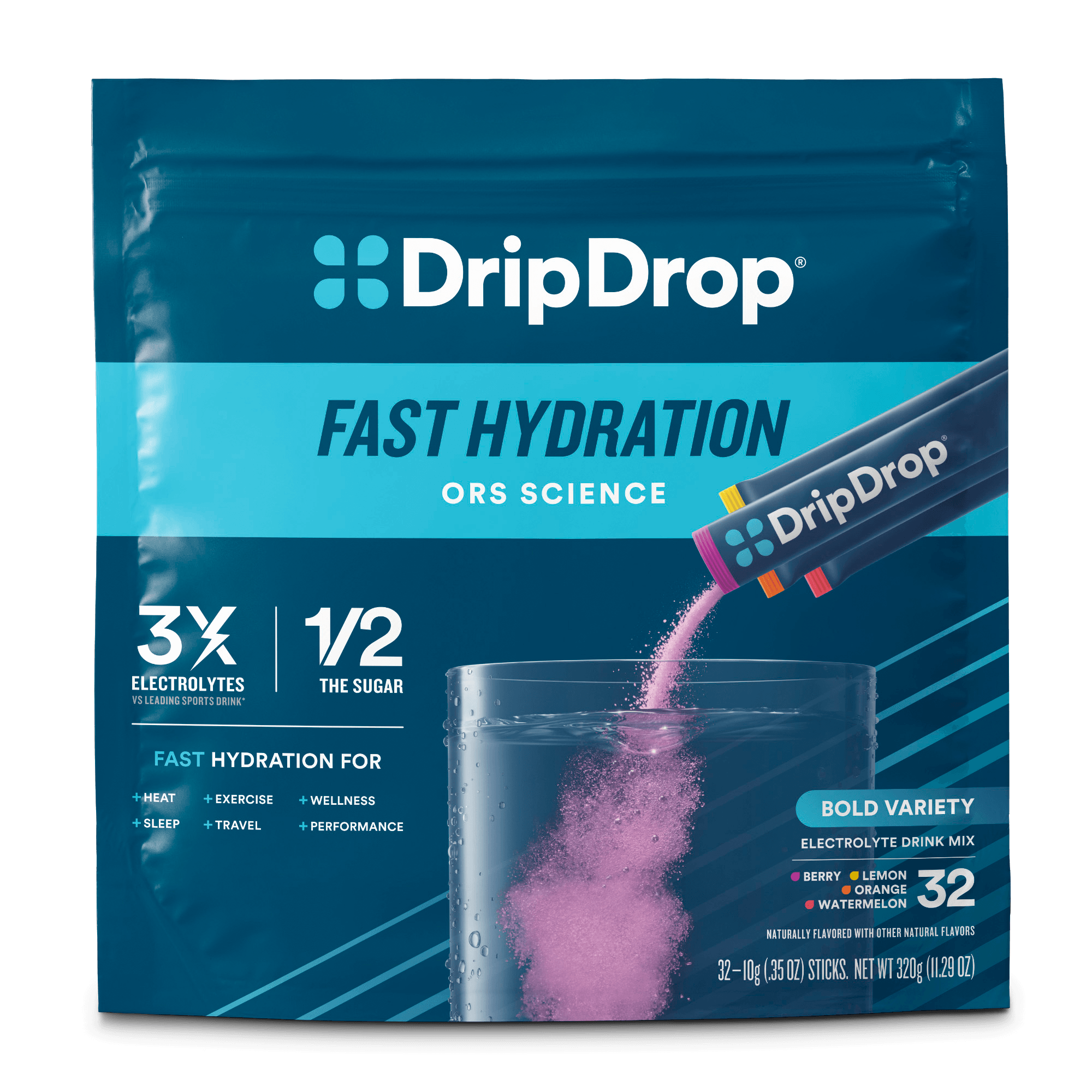 DripDrop Bold Variety Pack Electrolyte Powder, 8 oz sticks, 32 count