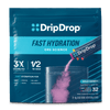 A package of DripDrop Fast Hydration ORS Science drink mix, featuring a dark teal and light blue bag with a sachet pouring pink powder into a clear glass of water. The package highlights electrolyte and shows 32 flavor sticks.