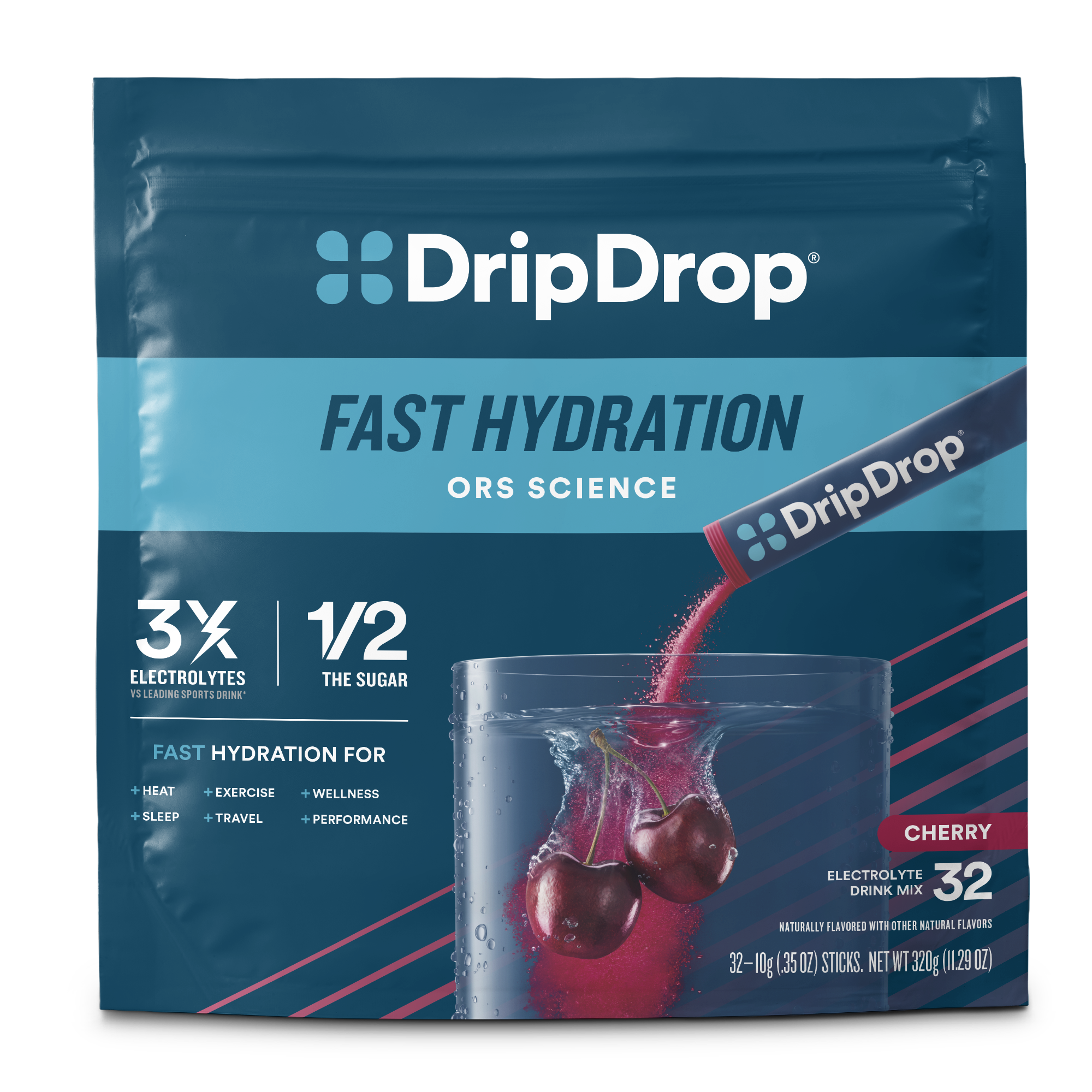 DripDrop Cherry Electrolyte Powder, 8 oz sticks, 32 count
