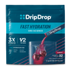A package of DripDrop Fast Hydration electrolyte drink mix in cherry flavor. The front of the dark blue pouch features the DripDrop brand logo, product name, 'ORS Science' branding, and a graphic showing a glass of water with a red liquid streak and two cherries.