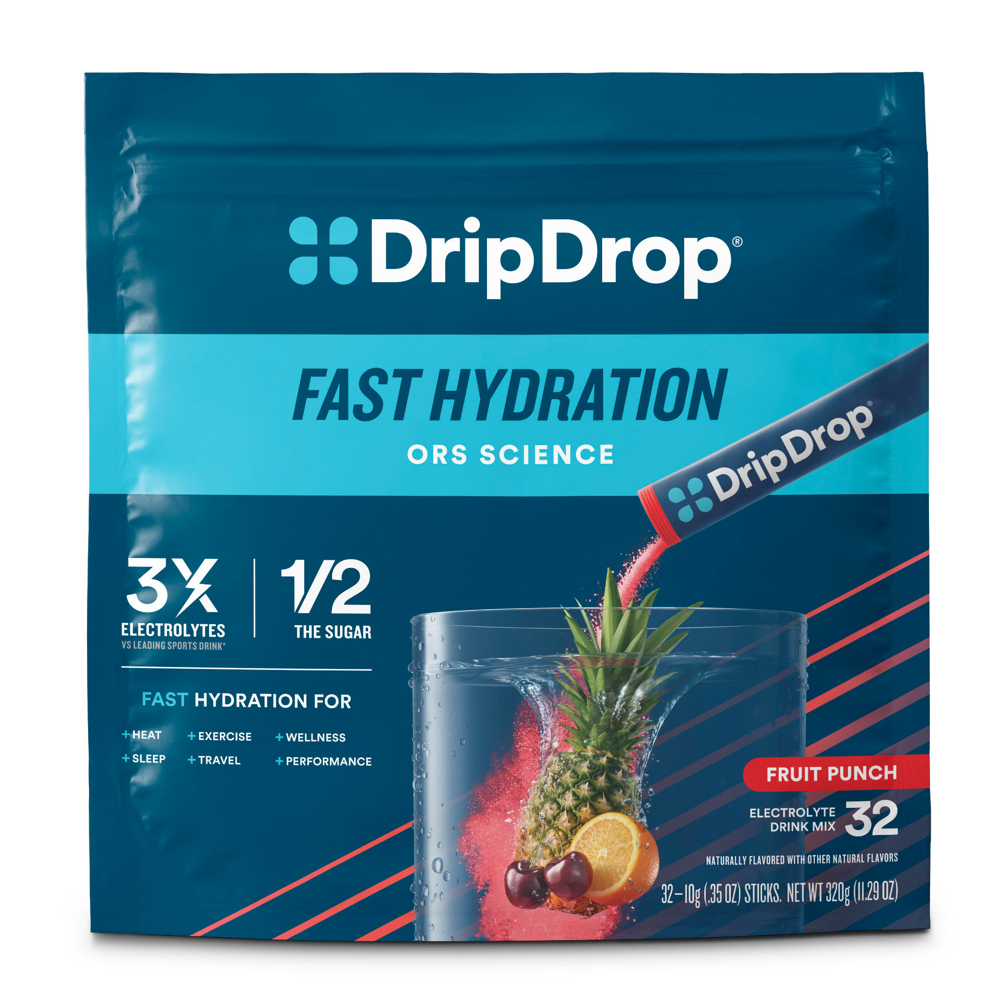 DripDrop Fruit Punch Electrolyte Powder, 8 oz sticks, 32 count